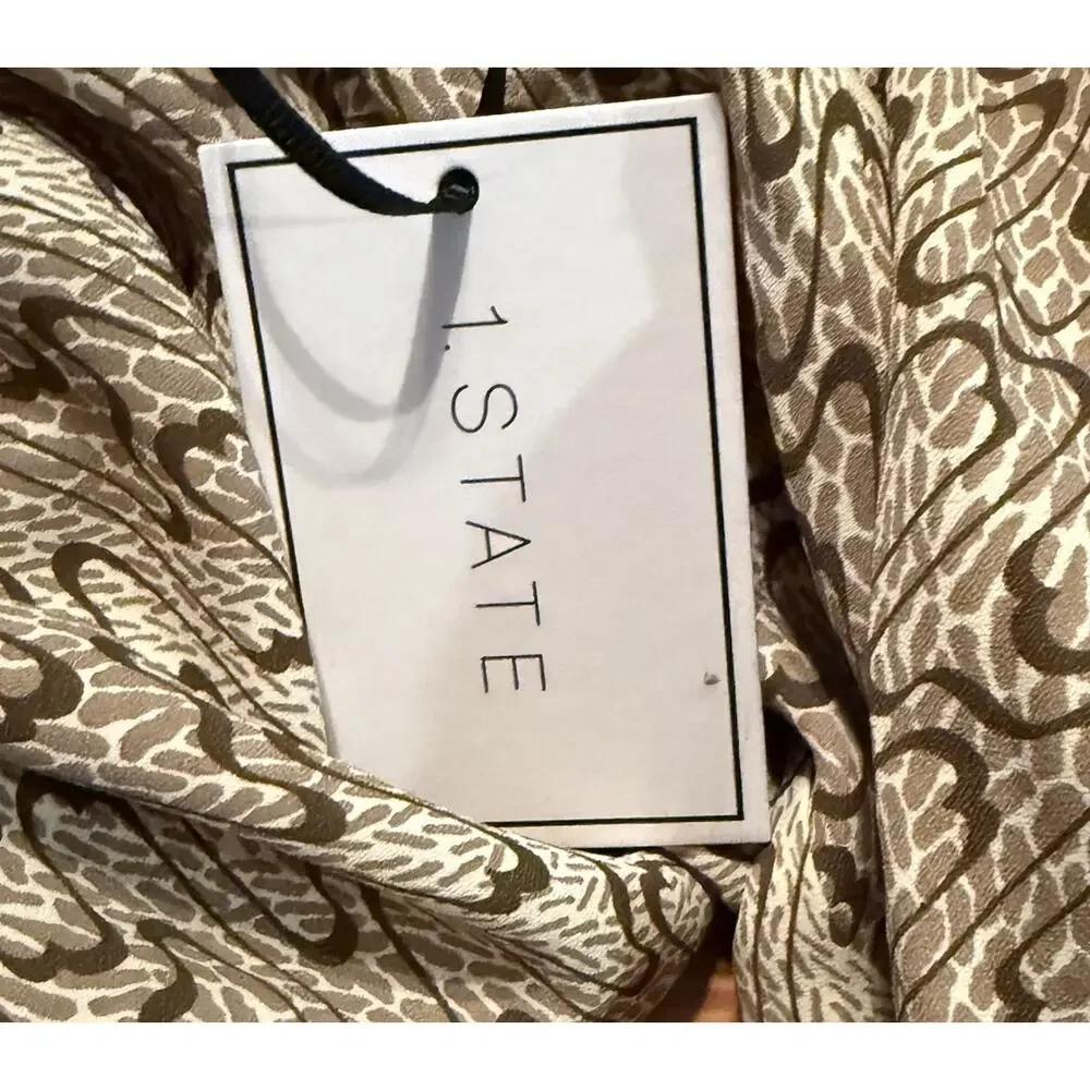 1.State NWT V-Neck Mini Dress Sz XS Oatmeal Bubble‎ Puff Sleeve Hi-Low Hem Swing
